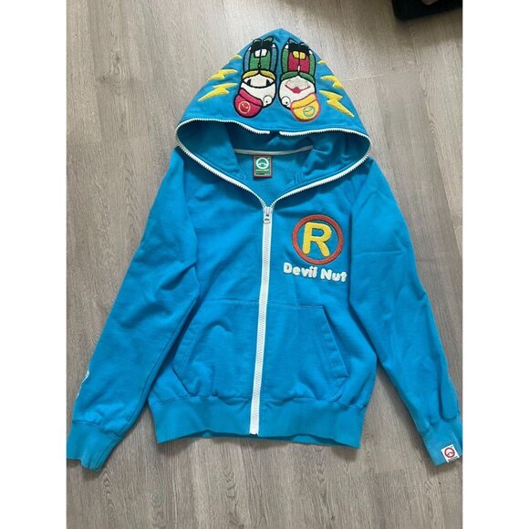 Vintage DEVIL NUT Blue Fun Graphic Hoodie Sweatshirt Woman Size M - Picture 1 of 9